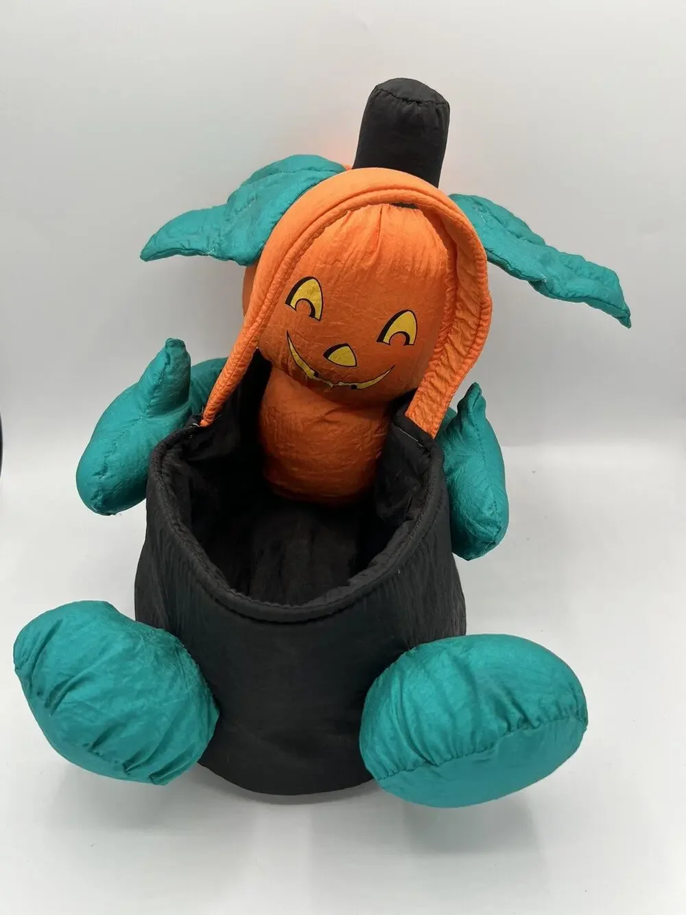 Vintage Halloween Pumpkin Head Plush Candy Basket Trick or Treat Decoration